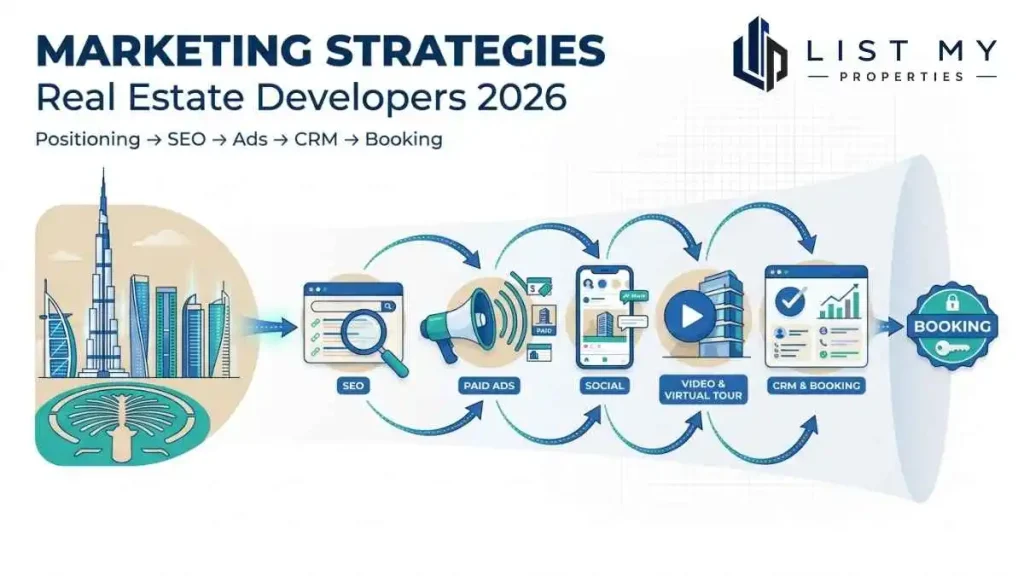 Marketing strategies for real estate developers showing Dubai project launch funnel, SEO, paid ads, social media, CRM and buyer lead generation dashboard.