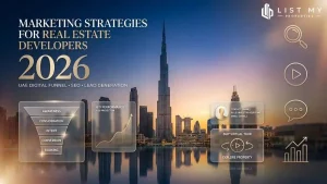 Marketing strategies for real estate developers showing Dubai project launch funnel, SEO, paid ads, social media, CRM and buyer lead generation dashboard.