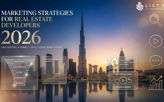 Marketing strategies for real estate developers showing Dubai project launch funnel, SEO, paid ads, social media, CRM and buyer lead generation dashboard.