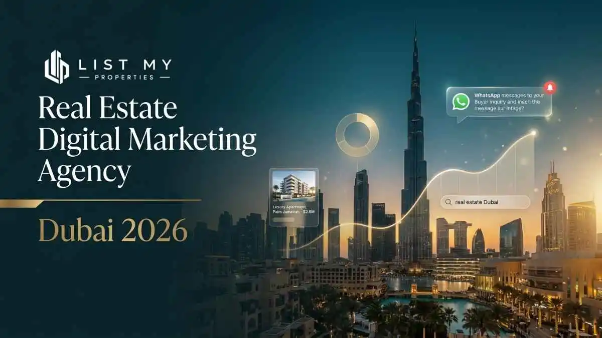 Real estate digital marketing agency in Dubai showing SEO, PPC, CRM, landing pages, social media, qualified leads and property campaign analytics.