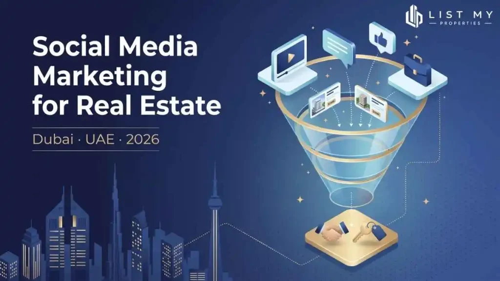 Social media marketing for real estate companies showing Dubai property listings, Instagram Reels, LinkedIn, YouTube video tours, WhatsApp leads and campaign analytics.