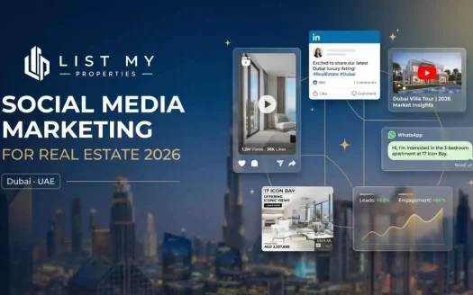Social media marketing for real estate companies showing Dubai property listings, Instagram Reels, LinkedIn, YouTube video tours, WhatsApp leads and campaign analytics.
