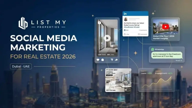 Social media marketing for real estate companies showing Dubai property listings, Instagram Reels, LinkedIn, YouTube video tours, WhatsApp leads and campaign analytics.