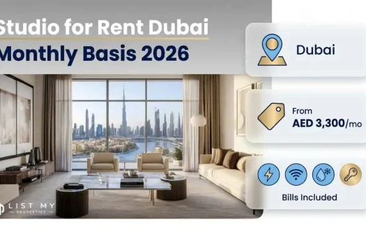 Studio for rent Dubai monthly basis 2026 guide showing furnished studio, monthly rent, bills included, Dubai areas and cost checklist.