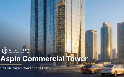 Aspin Commercial Tower on Sheikh Zayed Road, Dubai, seen from street level in 2026