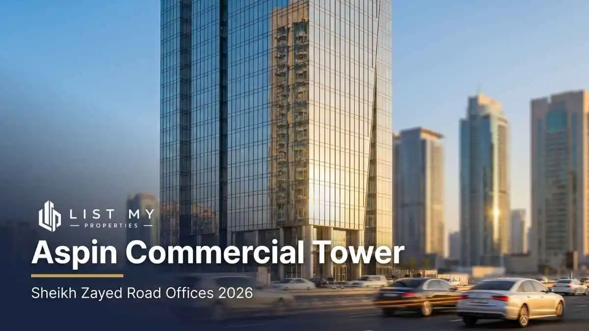 Aspin Commercial Tower on Sheikh Zayed Road, Dubai, seen from street level in 2026