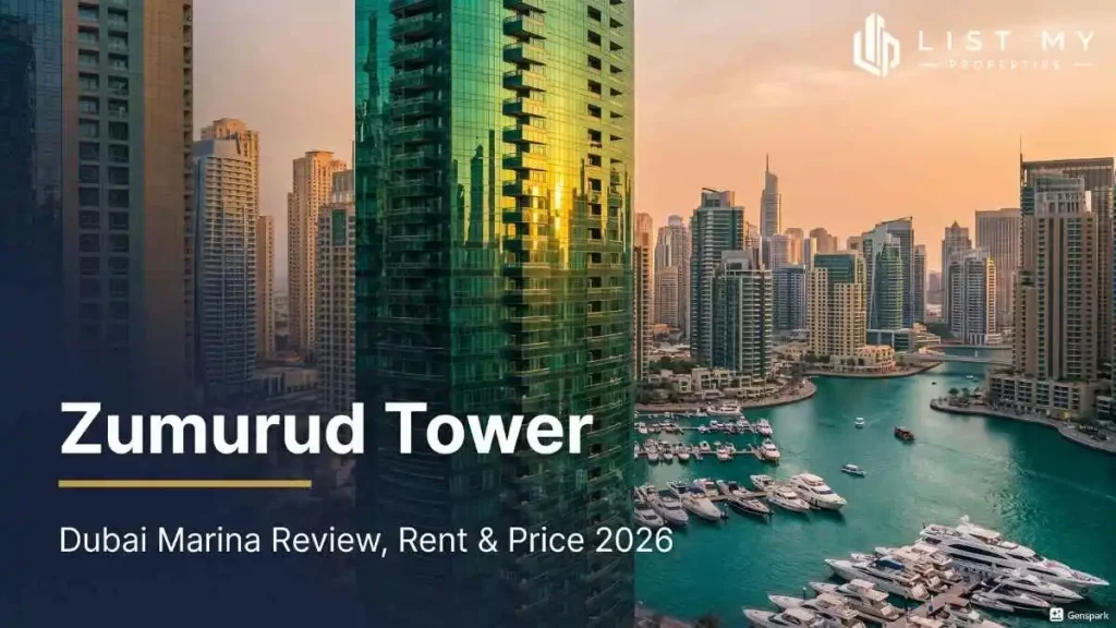 Zumurud Tower, a green-glass residential tower in Dubai Marina, in 2026