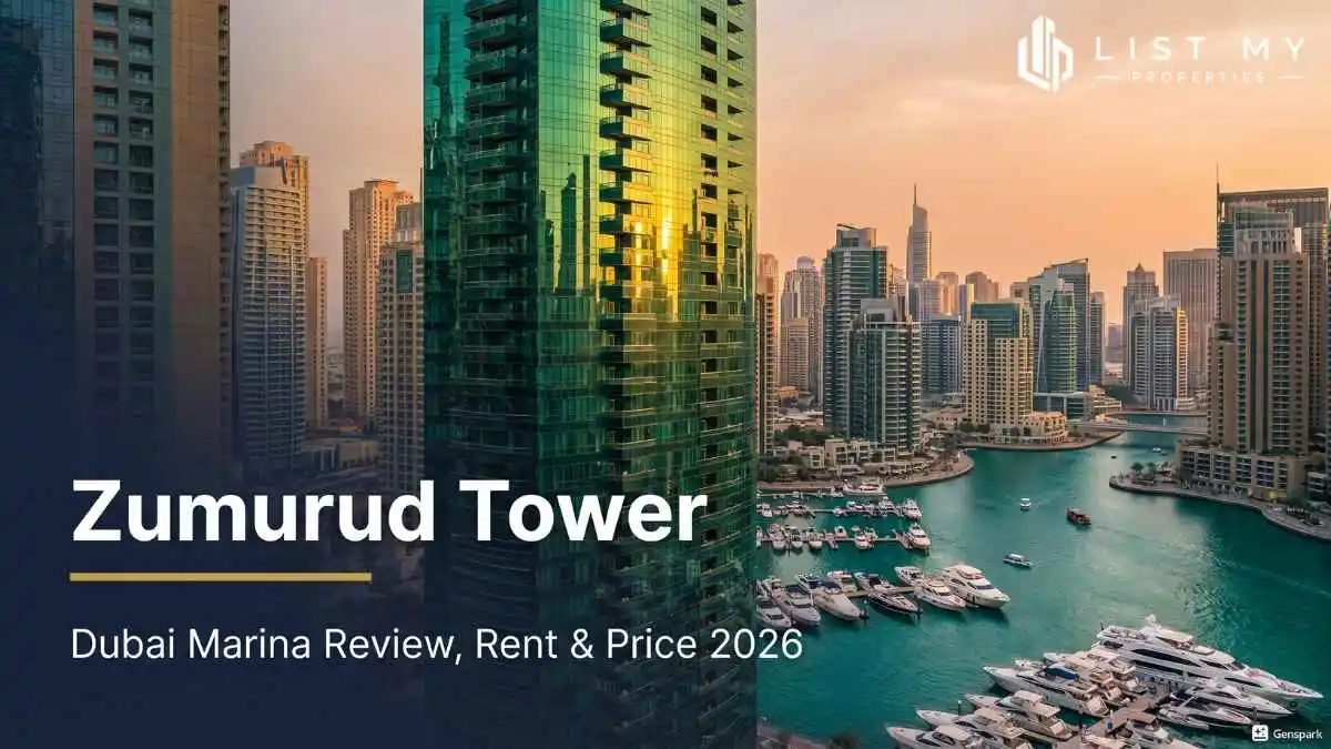 Zumurud Tower, a green-glass residential tower in Dubai Marina, in 2026
