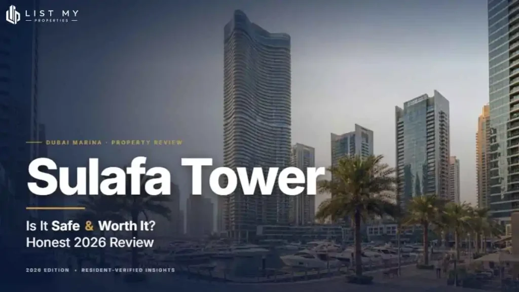 Sulafa Tower, a tall waterfront residential skyscraper in Dubai Marina, in 2026