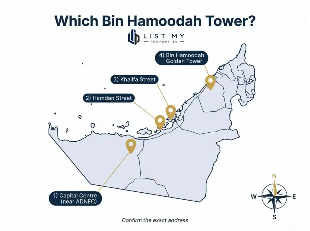 Map infographic showing the different Bin Hamoodah towers in Abu Dhabi