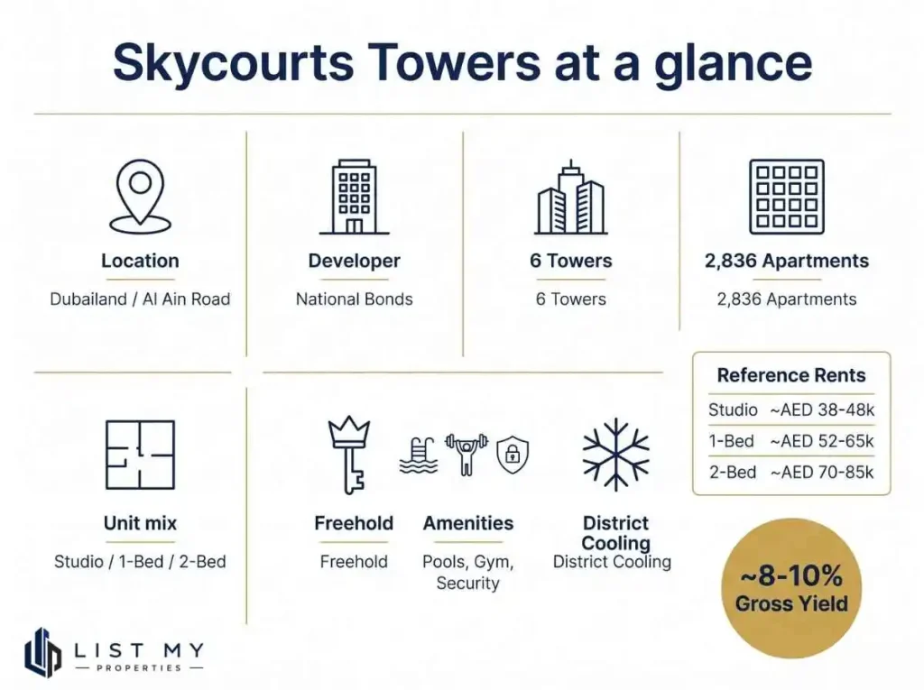 Infographic of Skycourts Towers facts, reference rents and rental yield in Dubailand